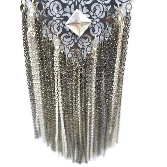 Vintage Boho Chic Long Fringe Necklace With Geometric Metal Accents - Picture 3 of 5
